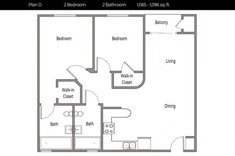 Floor plan for 2 beds, 2 baths, 1096 sqft